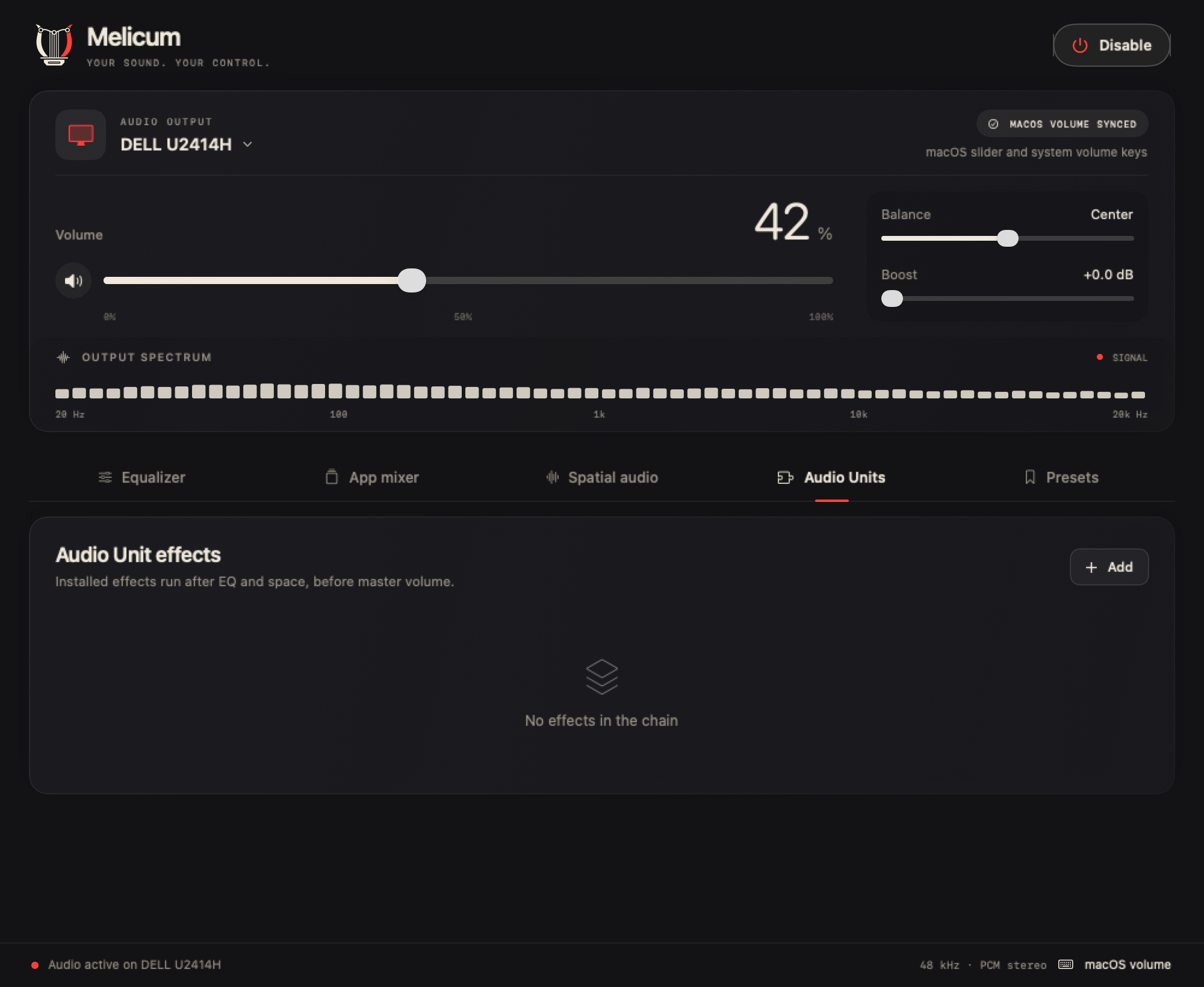 Audio Unit effects panel with Add effect action